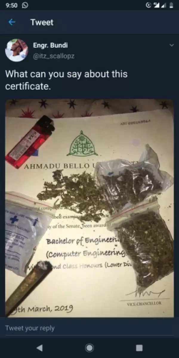 Recent ABU Zaria Graduate Uses Certificate To Smoke Weed (Photo)
